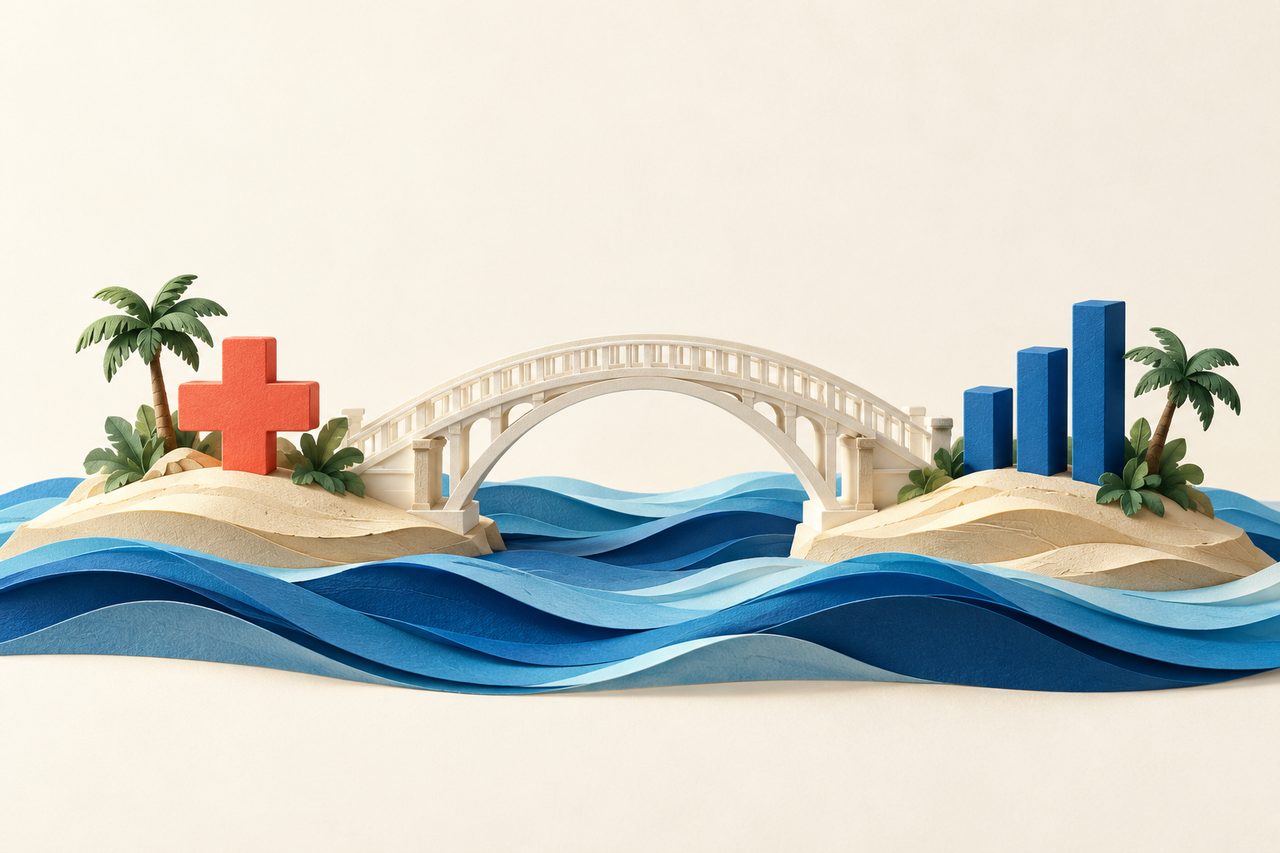 Dimensional paper illustration of an ivory bridge connecting a healthcare island with a coral plus to a data island with three ascending blue bars, above layered ocean waves.